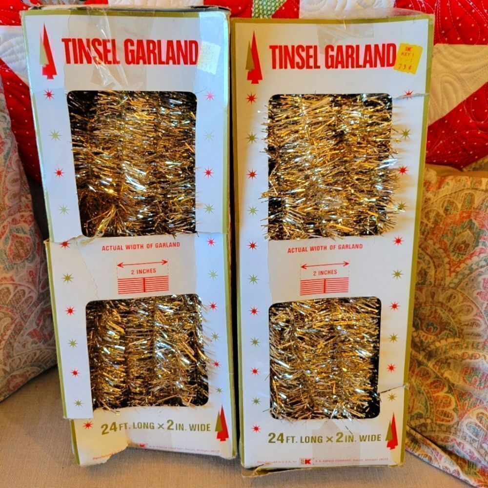 1960's Tinsel Gold Garland 2 Packages of New Old Stock Holiday Christmas Decor